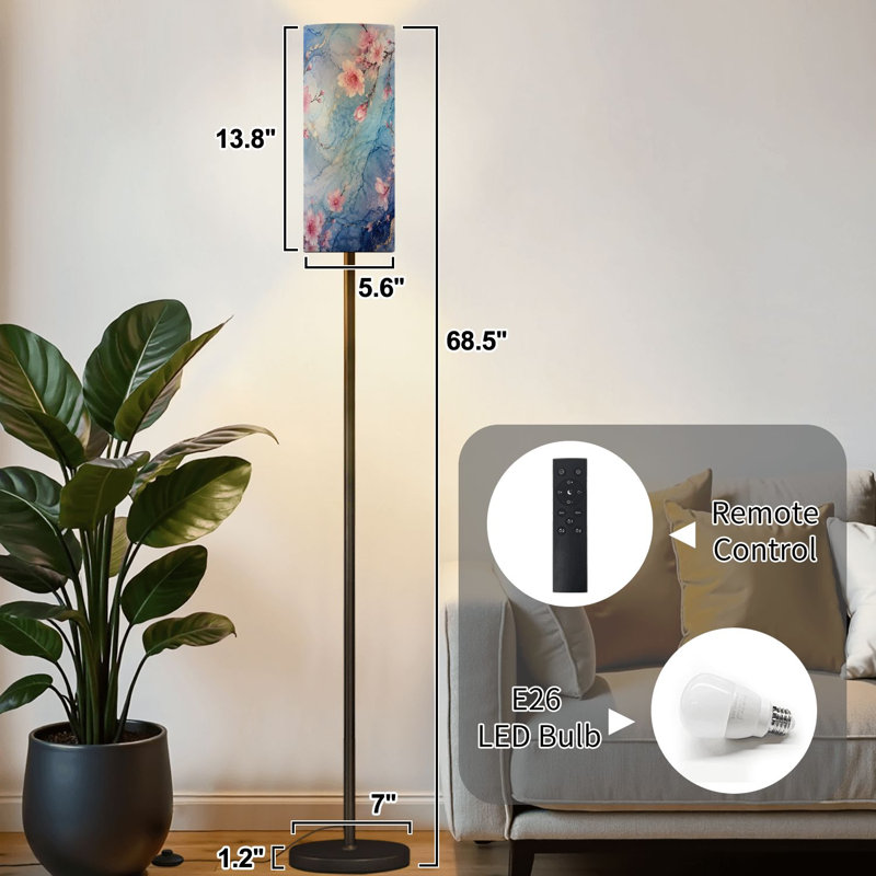 Lampe sur pied branches de cerisier rose marbré bleu élégant aquarelle florale lampe sur pied à intensité variable moderne avec télécommande pédale abat-jour abat-jour grand poteau d'angle pour salon chambre bureau