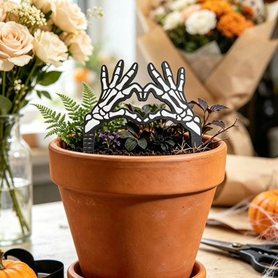 Wooden decorative insert Halloween-themed Skeleton Hand Making A Heart Shape And Wooden Planter Decoration And For Window Displays And Potted Plants Arrangements