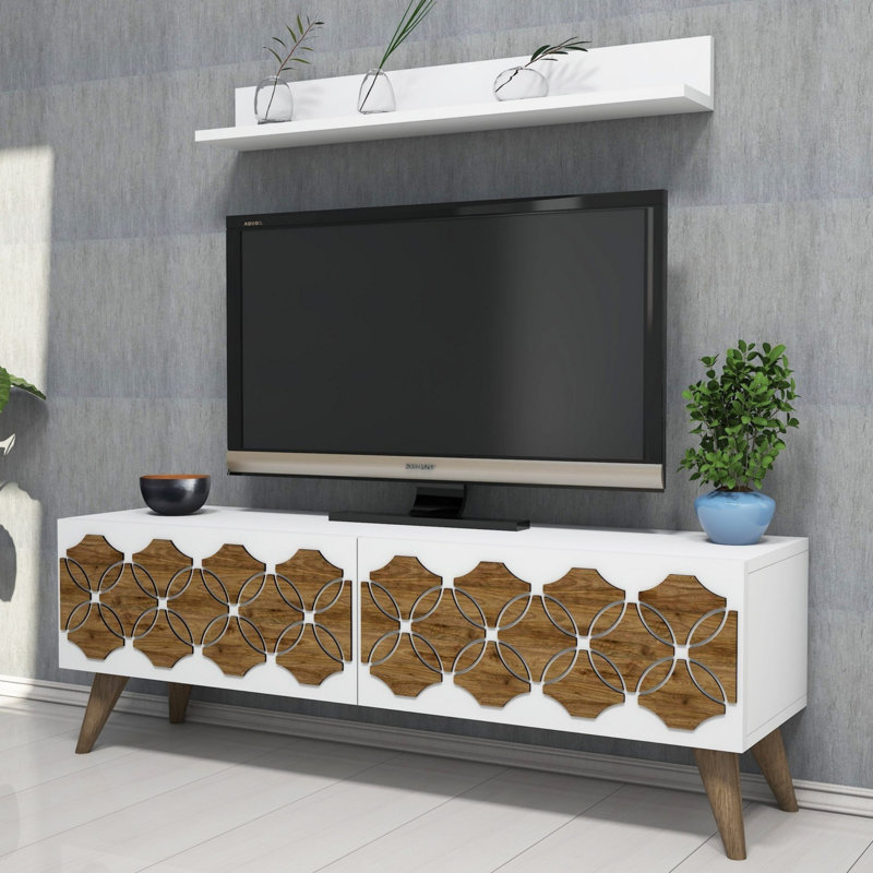 Meuble télé moderne avec tablette murale, blanc, 47,2 po x 15,7 po x 12,5 po | 100% panneau de particules enduit de mélamine, épaisseur: 0,7 pouce | Nombreuses tablettes à fixation murale au design géométrique épuré pour des espaces de vie élégants