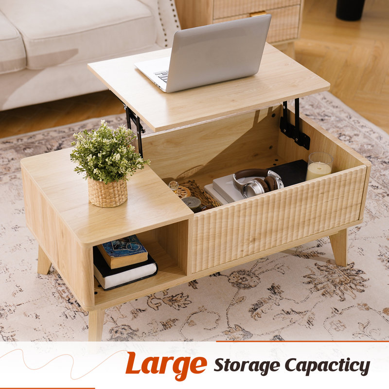 Rhythm  Lift Top Coffee Table with Storage, Living Room Wood Coffee Table, Modern Fluted Design, 16.22'' H X 37.4'' W X 18.9'' D, Natural