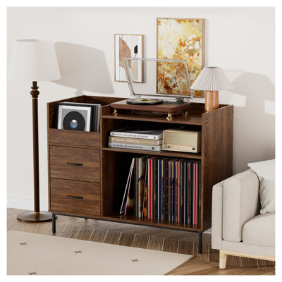 Mid-Century Modern Record Player Stand with Storage for 500+ Vinyl Albums, Brown MDF and Metal Frame