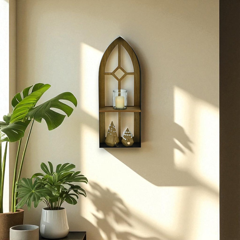 Meliora Cathdral Window Inspired Metal & Wood Wall Shelf, 23.75" H x 9" W x 4" D