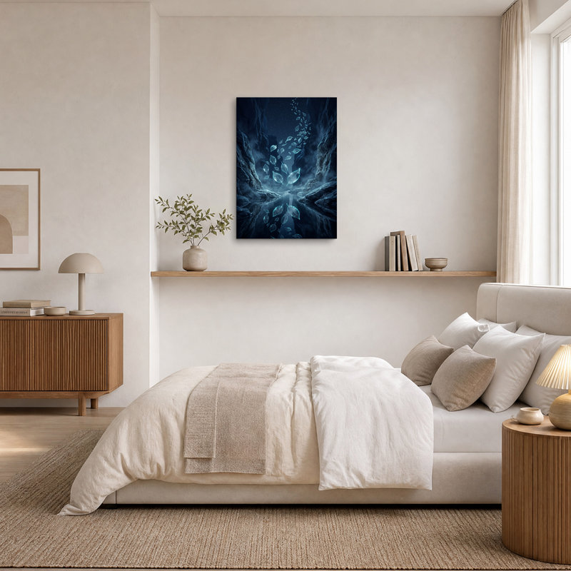 Feuilles bleues brillantes s'élevant dans un canyon sombre - Tableau sur toile, H 40 po x l 28 po