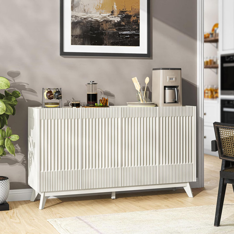 Modern Fluted Sideboard with Solid Legs, Multi-Functional Storage Cabinet for Dining Room, Living Room, or Entryway, White