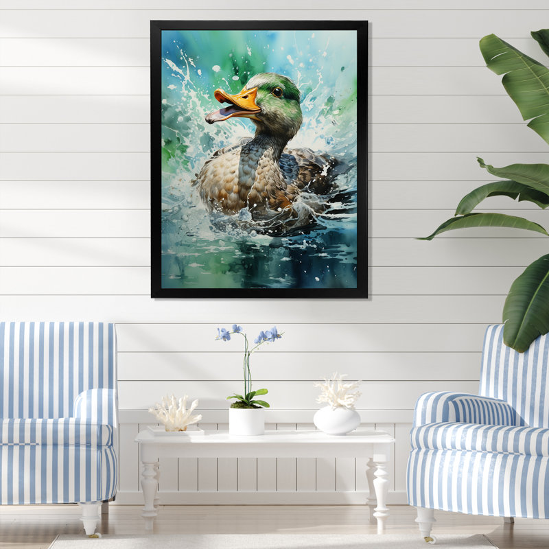 Duck Springtime Splash - Art mural animal canard, H 20 po x l 12 po x P 1 po, Cadre simple noir