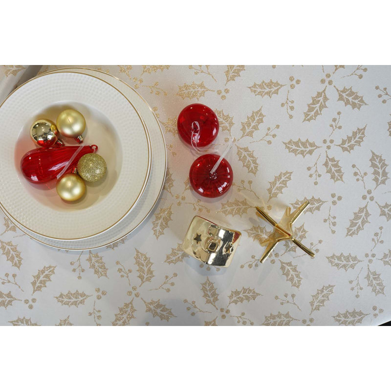 Holly Berry Tablecloth, Beige/Gold, 94" L x 59" W