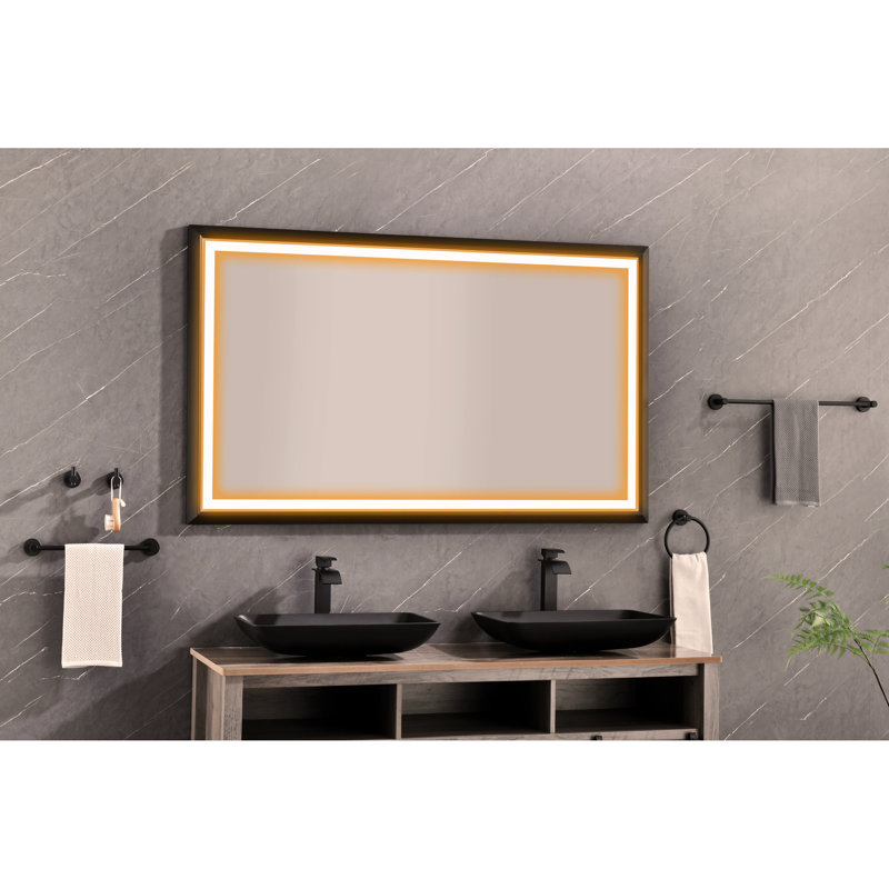 Miroir de salle de bain surdimensionné rectangulaire noir à DEL, 60 po x 36 po