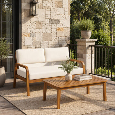 Ensemble de canapé d'extérieur 2 pièces avec coussins, causeuse et table basse pour la détente sur la terrasse et le patio, finition en bois d'acacia durable