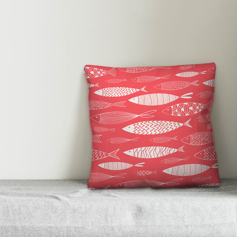  Coussin intérieur / extérieur School of Fish, 16 po x 1 po, Pas de bourre, Blanc / rouge chinois