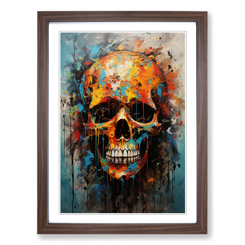 Skull Expressionism - Single Picture Frame Print on Wood, 64cm H x 46cm W x 2cm D, Walnut