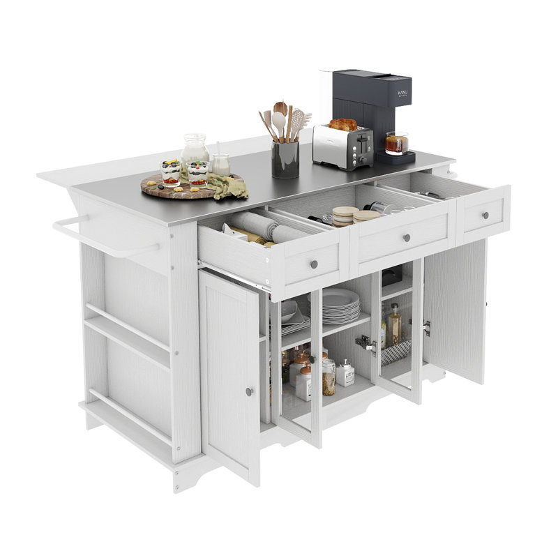 Charlien Rolling Mobile Kitchen Island With Stainless Steel Counter Top, Power Outlet & Drop Leaf, White