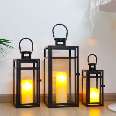 3pcs Black Metal Candle Lantern - Assorted Sizes (48/38/30cm High)