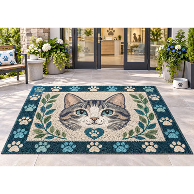 5' x 7' Outdoor Area Rug Tabby Cat Paw Print Heavyweight Waterproof PVC Coil Loop Carpet, Heavy Duty Patio Rug, Quick Dry Indoor Outdoor Mat for Porch Deck Balcony Entryway RV Camping