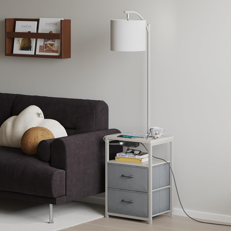 Modern Nightstand Lamp With Drawers, USB Ports, And AC Outlet, Versatile Bedside Table, White/Grey
