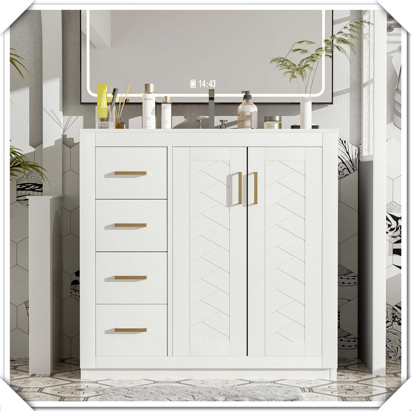 Meuble-lavabo autoportant en bois massif avec tiroirs en céramique, Blanc