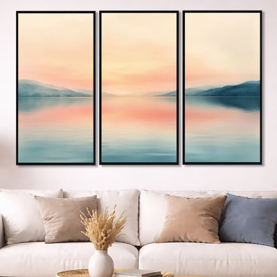 «Blush Sunset Lake I - Landscape», art mural 3 pièces