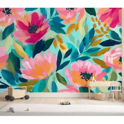 Papier peint adhésif à peler et à coller Fleurs mignonnes et abstraites dessinées à la main Style de bande dessinée moderne Papier autocollant amovible pour décoration de salon H 69 po x l 96 po