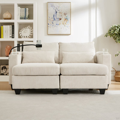 Convertible Chaise Lounge 63" Loveseat Sofa Sofa Bed Corduroy Sleeper Sofa with USB Ports , Two Cup Holders, A Phone Holder and Ample Storage Space