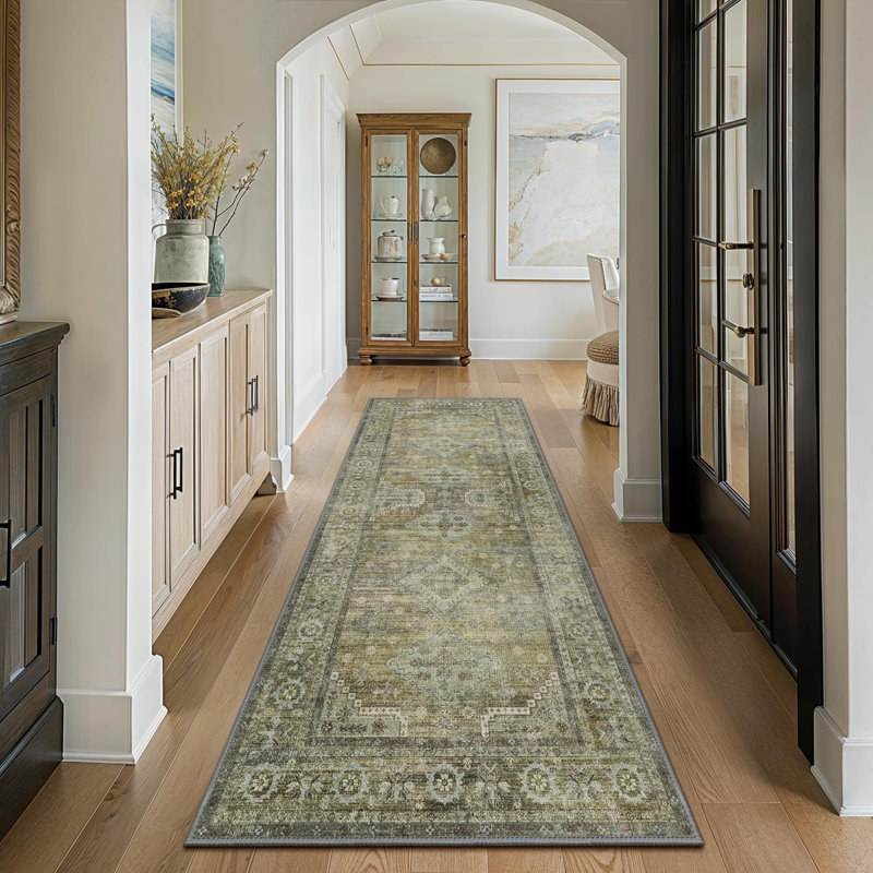 Oriental Sage / Gray Easy Clean Non-Slip Washable Performance Area Rug , Runner 2' x 12'