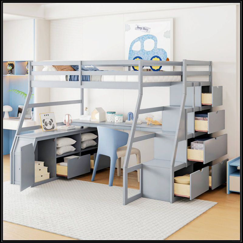 Lit mezzanine double avec 7 tiroirs, 2 tablettes et un bureau