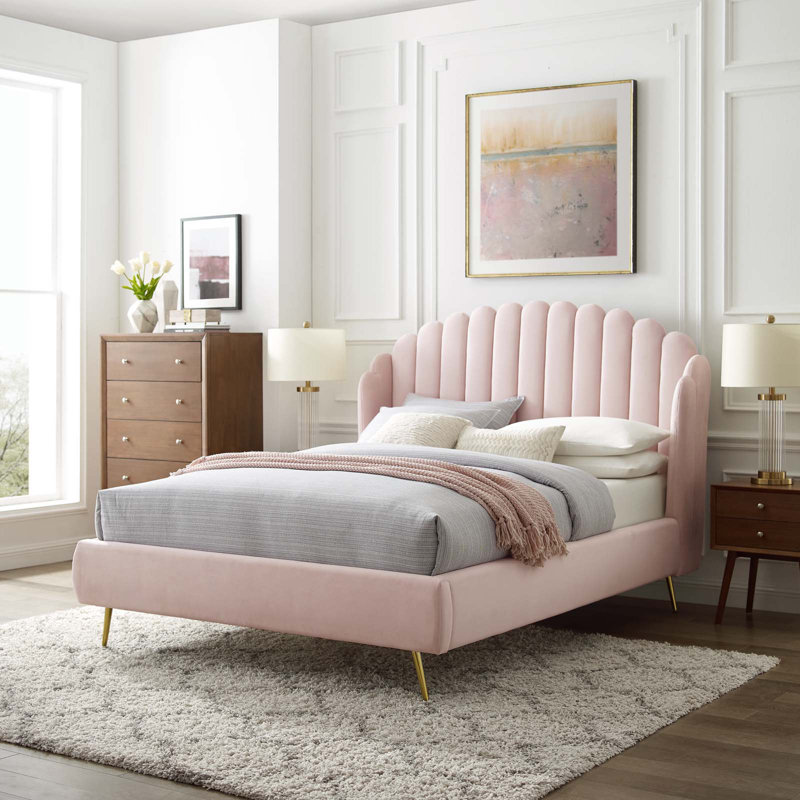 Lana Queen Performance Velvet Wingback Platform Bed, Pink