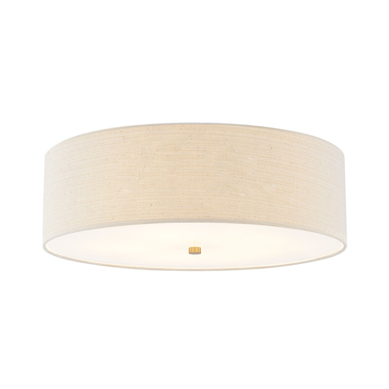 Textile - Classic Drum Flush-Mount -Linen Fabric Shade - 24"D x 24"W x 7.75"H, Brushed Brass, Cream