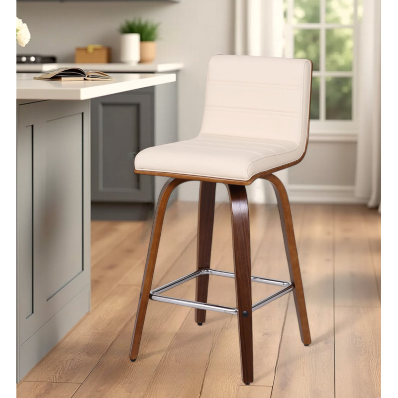 26” Faux Leather Wooden Swivel Bar Stool, Gold/Brown