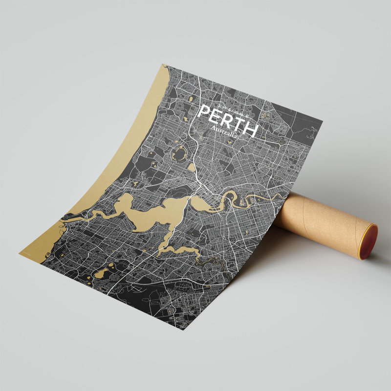 «Perth City Map», impression, H 17 po x l 11 po, Noir et or