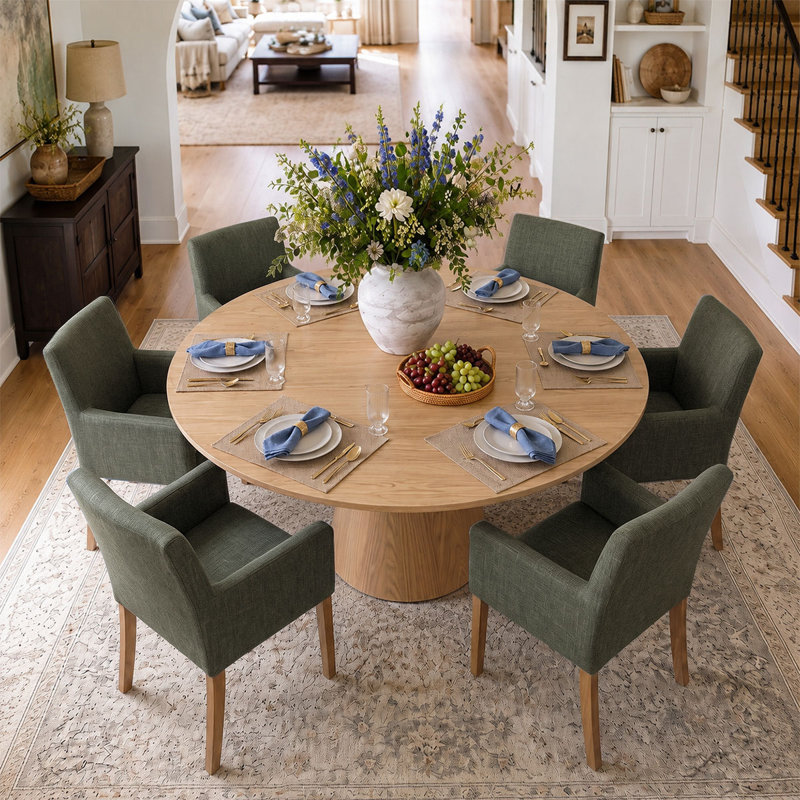 Ensemble de table de salle à manger pour 6 personnes avec table ronde unie et 6 fauteuils rembourrés en lin, Vert olive