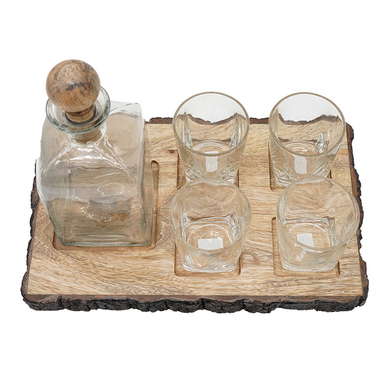 Set Of 6 Brown Bar Set With Wood Stand – Glass & Wood Barware, Includes Decanter/cups/tray, Rustic Elegance For Home Party/wedding/anniversary Gifts