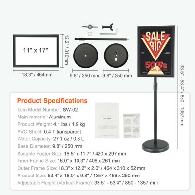 Porte-affiche à piédestal, support à affiche réglable vertical et horizontal de 11 po x 17 po, porte-affiche sur pied robuste avec base ronde pour affichage, publicité et extérieur, noir