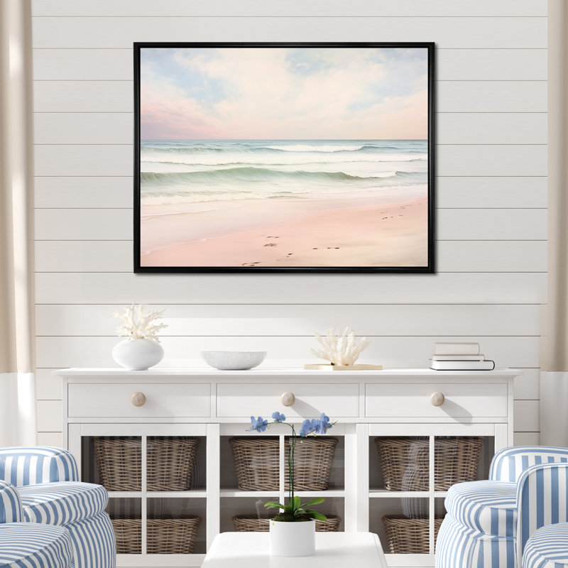 «Ocean Tranquility Tender Pink Pastel Sunrise I - Coastal Beach», art mural, Reproduction avec cadre flottant, Noir