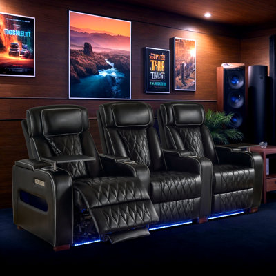 Home Theater Seating With Adjustable Headrests, Leather Power Reclining Sofa With Usb & Type-c Charging, Led Ambient Lighting, Cup Holders And Storage by Ivy Bronx
