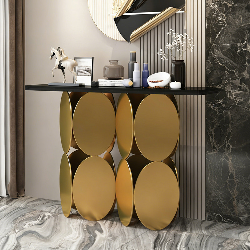 Console de style italien simple et luxueuse, H 33,5 po x l 70,9 po x P 13,8 po, Noir, Doré