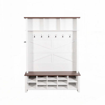 Hall Tree with 6 Hooks, Practical Walnut Entryway Bench with Adjustable Shelves