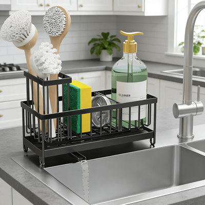 Organisateur de chariot de cuisine en acier inoxydable 5-en-1 avec séparateur réglable, base rotative, porte-éponge, porte-brosse et distributeur de savon pour l'organisation du comptoir