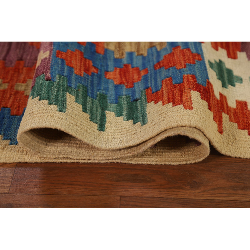 Tapis orange / rouille géométrique en laine tissé à plat à la main et rectangulaire 6 pi 7 po x 9 pi 5 po