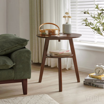 Table d'appoint 100% bois massif à 2 niveaux Table d'appoint de salon, table de chevet, table de bout ronde en bois massif, petite table d'appoint à 2 niveaux avec tablette de rangement inférieure
