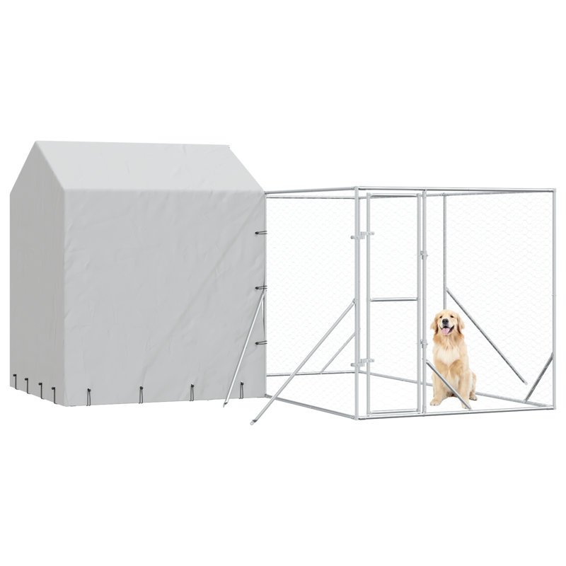 Chenil d'extérieur pour chien avec toit en acier galvanisé argent Vidaxl, H 98,4 po x l 157,2 po x P 157,2 po