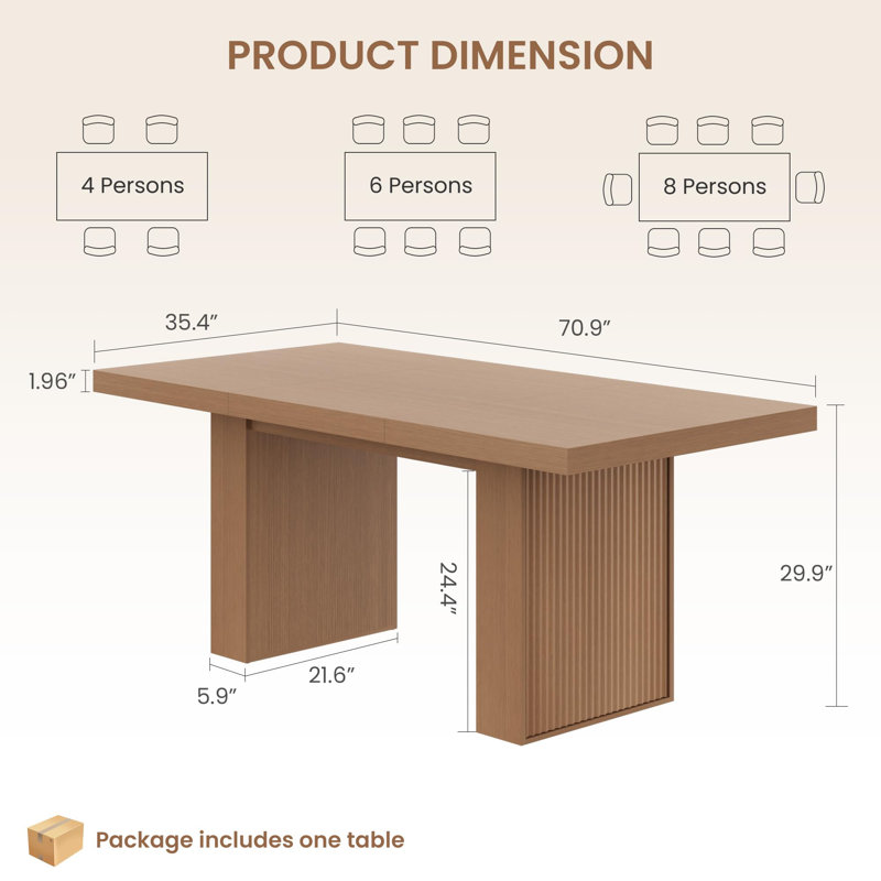 Table de salle à manger 70,8 "pour 6-10 avec rangement, table de cuisine rectangulaire moderne avec pieds cannelés, Noyer