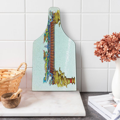 Ambesonne Dragon Tempered Glass Cutting Board Eastern Building and Dragon Yellow Blue and Red