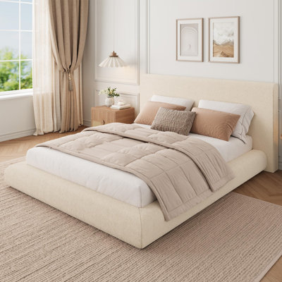 Full Size Bed Frame with Upholstered Headboard, Modern Cloud Platform Bed Full, No Box Spring Needed, Easy Assembly, Soft Plush Fabric, White