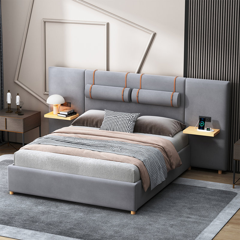 Queen Size Platform Bed With Upholstered Headboard And USB Ports