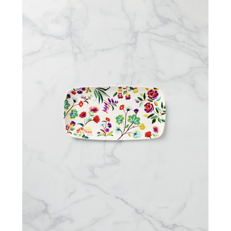White Floral Painted Stoneware Rectangular Serving Tray