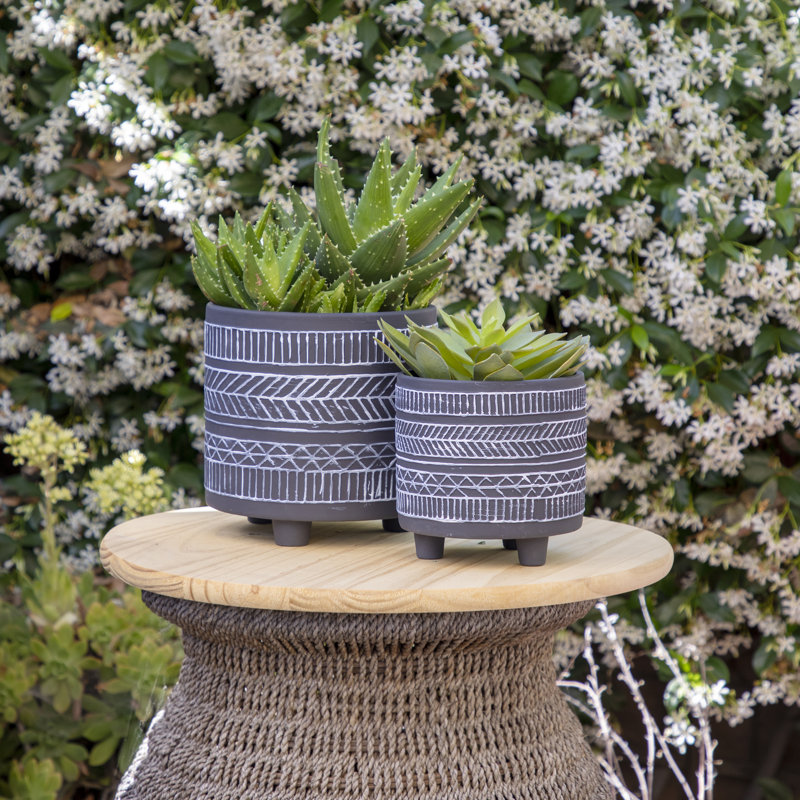 Charmayne Stoneware Ceramic Planter Set with Textured Design and Footed Base - Set of 2, Black