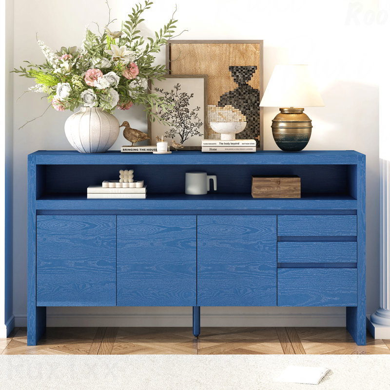 60" 3-Door Sideboard With 3 Drawers - Modern Solid Ash Veneer MDF Sideboard, Semi-Open Shelf & Centre Semi-Circular Cutout In Back Panel, Large Storage Cabinet For Living Room, Hallway, Dining