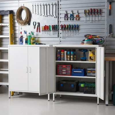 Armoire de rangement en métal à 3 niveaux de 40 pouces avec 2 portes, casier d'appoint avec tablettes réglables et pieds surélevés pour bureau personnel, blanc