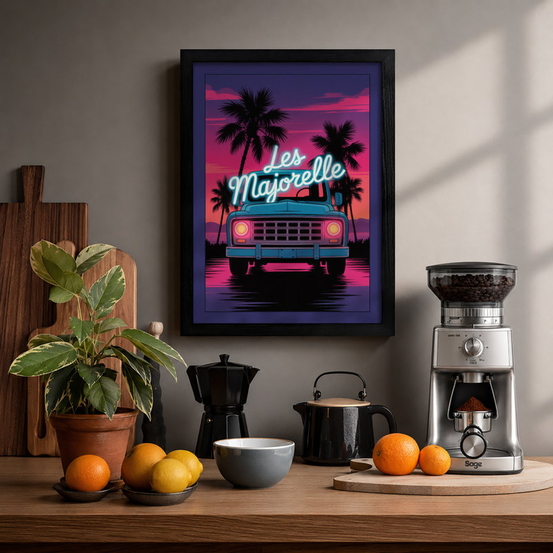 Neon Sunset Truck Retro - Framed Print, A2 - 59.4 x 42.0 cm, Black