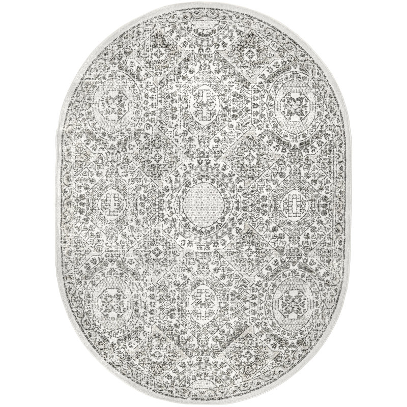 Tapis médaillon pour salle à manger Asmin, gris / ivoire, Ovale 6 pi 7 po x 9 pi