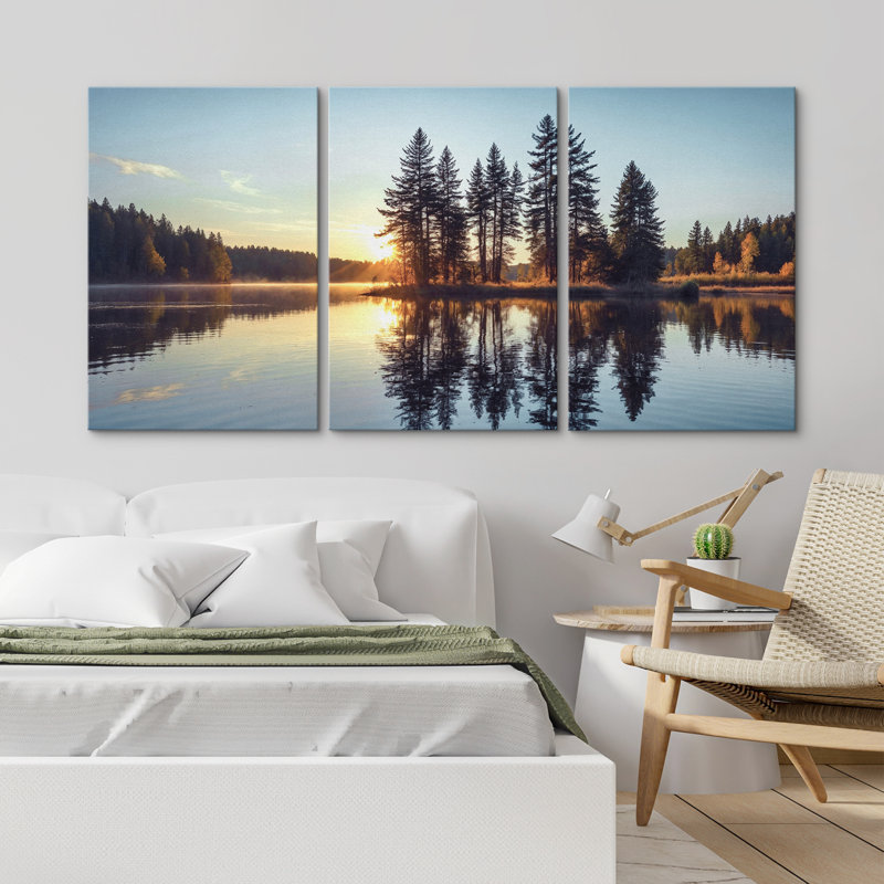 Lever de soleil sur le lac, arbres sereins, calme et sérénité, 3 pièces, Toile tendue, H 36 po x l 24 po x P 1,5 po